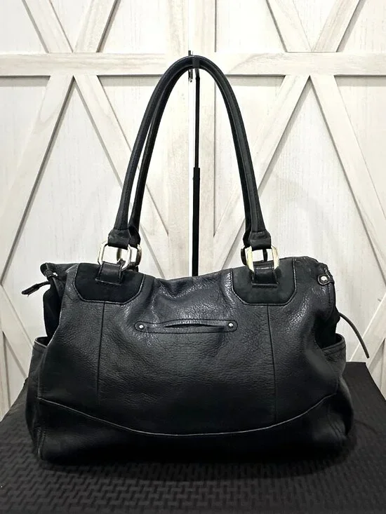 B. Makowsky Y2K Black Pebbled Leather Satchel Shoulder Bag Leopard Lining - Picture 2 of 9